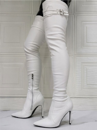 Botas Femininas Acima Do Joelho Plus Size Salto Agulha Couro Pu Branco Coxa Alta