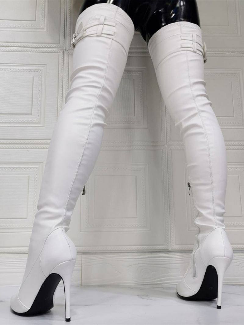 Botas Femininas Acima Do Joelho Plus Size Salto Agulha Couro Pu Branco Coxa Alta - Branco