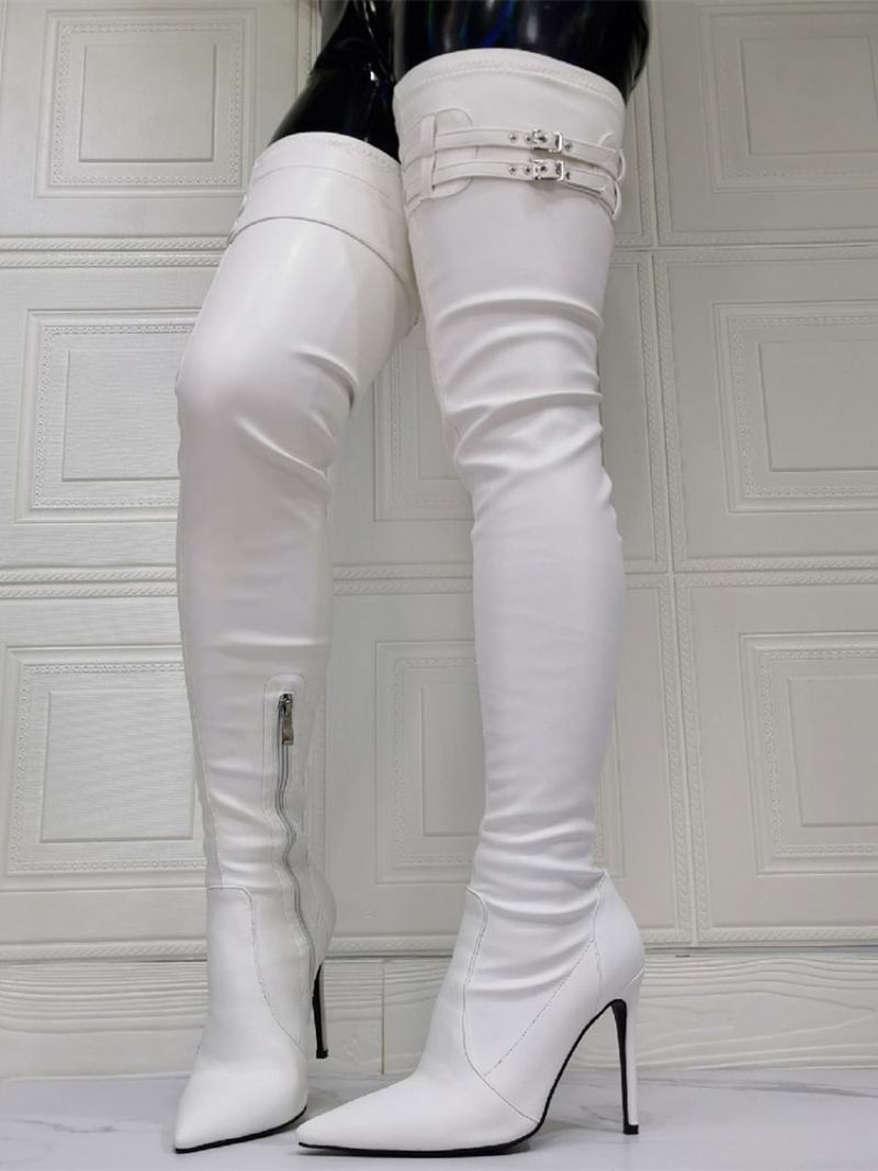 Botas Femininas Acima Do Joelho Plus Size Salto Agulha Couro Pu Branco Coxa Alta - Branco