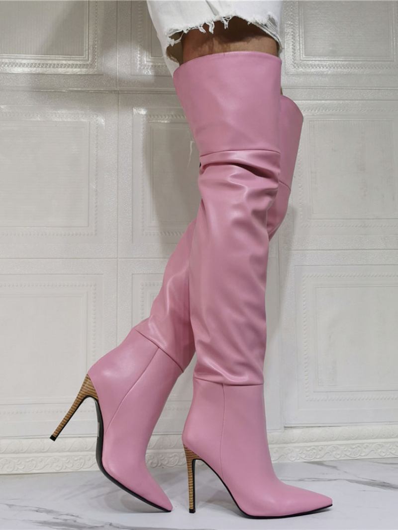 Botas Femininas Acima Do Joelho Plus Size Salto Agulha Couro Pu Rosa Claro Altas Na Coxa - Luz Rosa