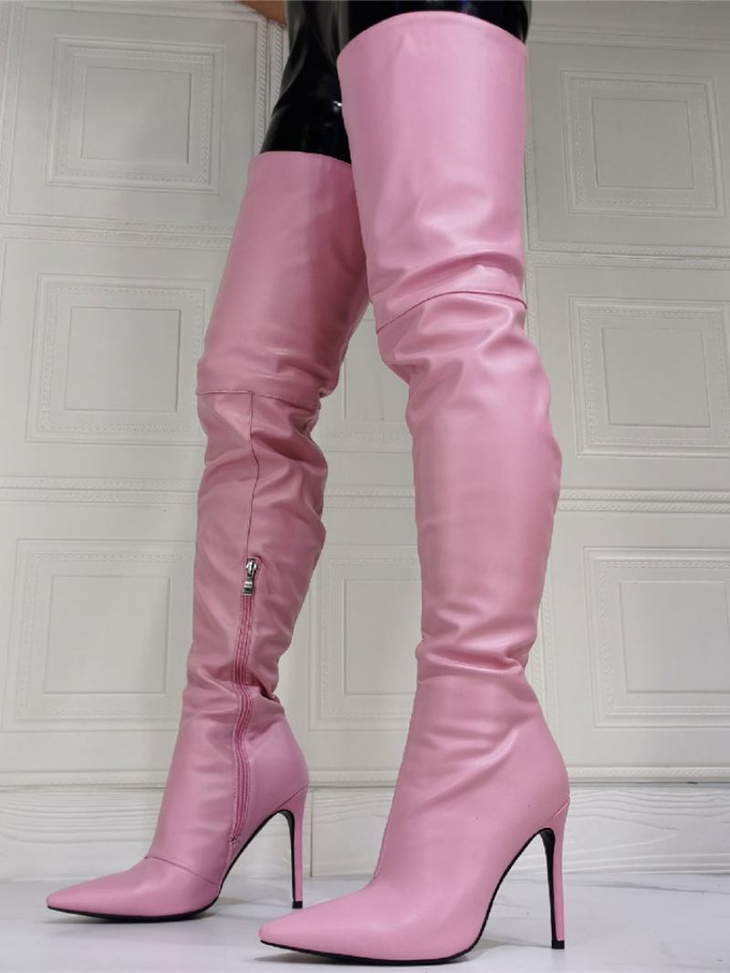 Botas Femininas Acima Do Joelho Plus Size Salto Agulha Couro Pu Rosa Claro Altas Na Coxa - Luz Rosa