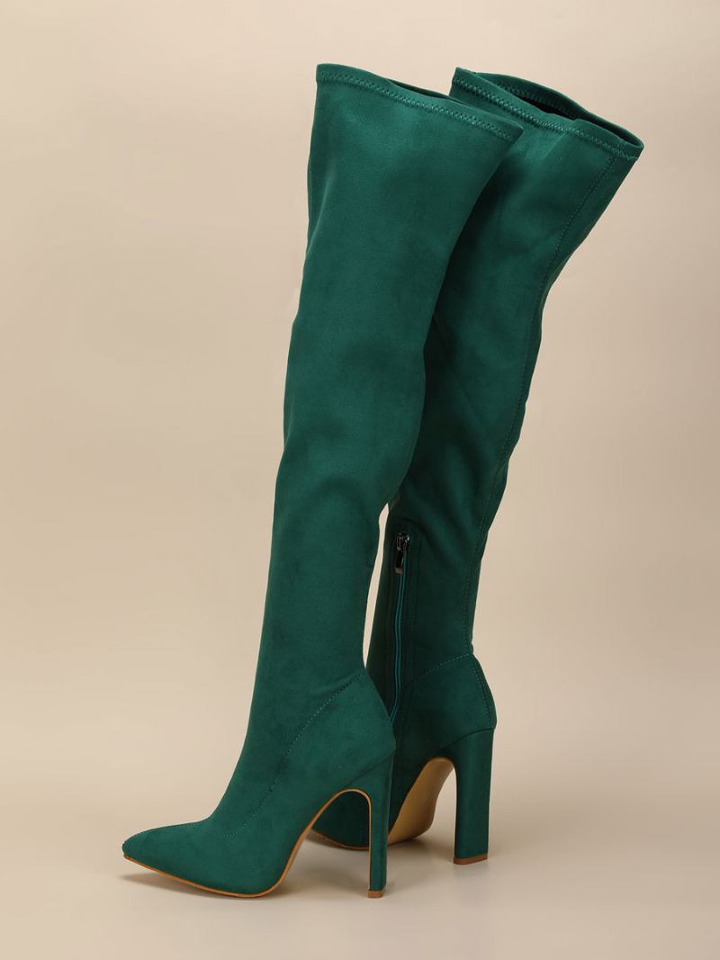 Botas Femininas Acima Do Joelho Salto Grosso Bico Fino Micro Camurça Cano Alto Laranja Vermelho Coxa Alta - Verde Escuro