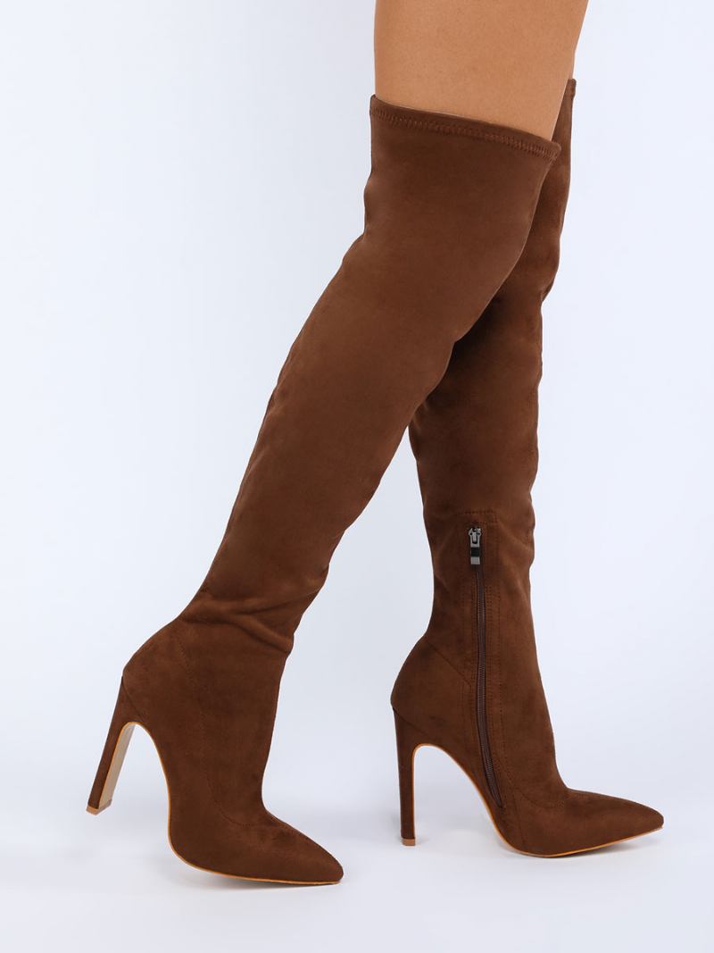 Botas Femininas Acima Do Joelho Salto Grosso Bico Fino Micro Camurça Cano Alto Laranja Vermelho Coxa Alta - Marrom Profundo