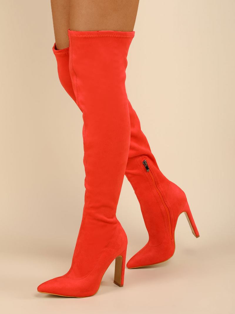 Botas Femininas Acima Do Joelho Salto Grosso Bico Fino Micro Camurça Cano Alto Laranja Vermelho Coxa Alta - Vermelho Laranja