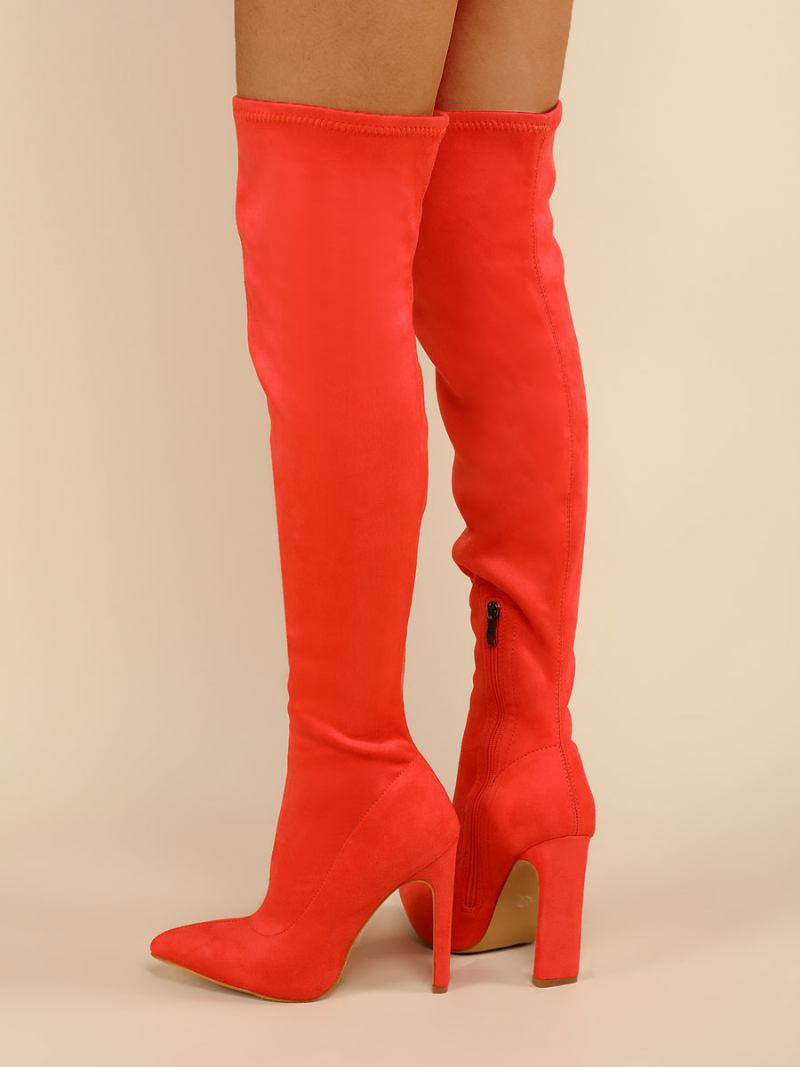 Botas Femininas Acima Do Joelho Salto Grosso Bico Fino Micro Camurça Cano Alto Laranja Vermelho Coxa Alta - Vermelho Laranja