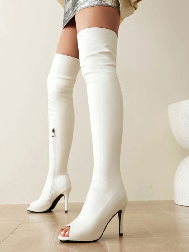 Botas Femininas Acima Do Joelho Vermelhas Peep Toe Strench Altas Sexy Na Coxa - Branco