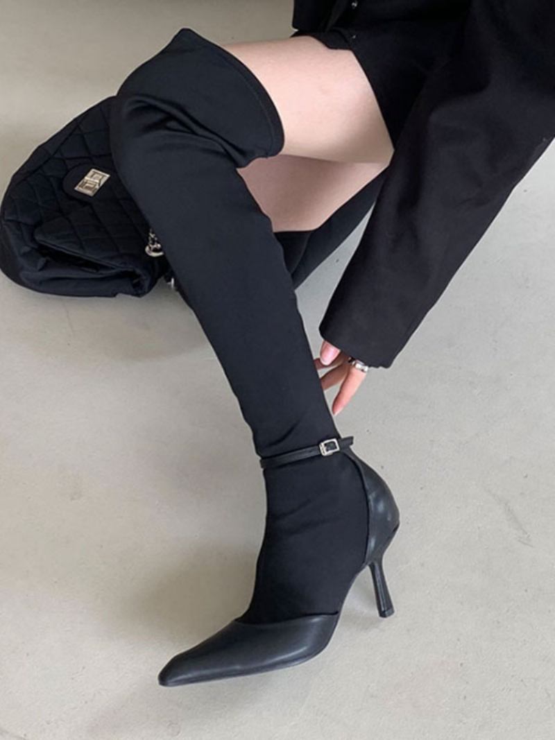 Botas Femininas Altas Com Fivela Bico Fino Salto Agulha Couro Pu