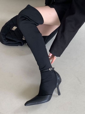 Botas Femininas Altas Com Fivela Bico Fino Salto Agulha Couro Pu