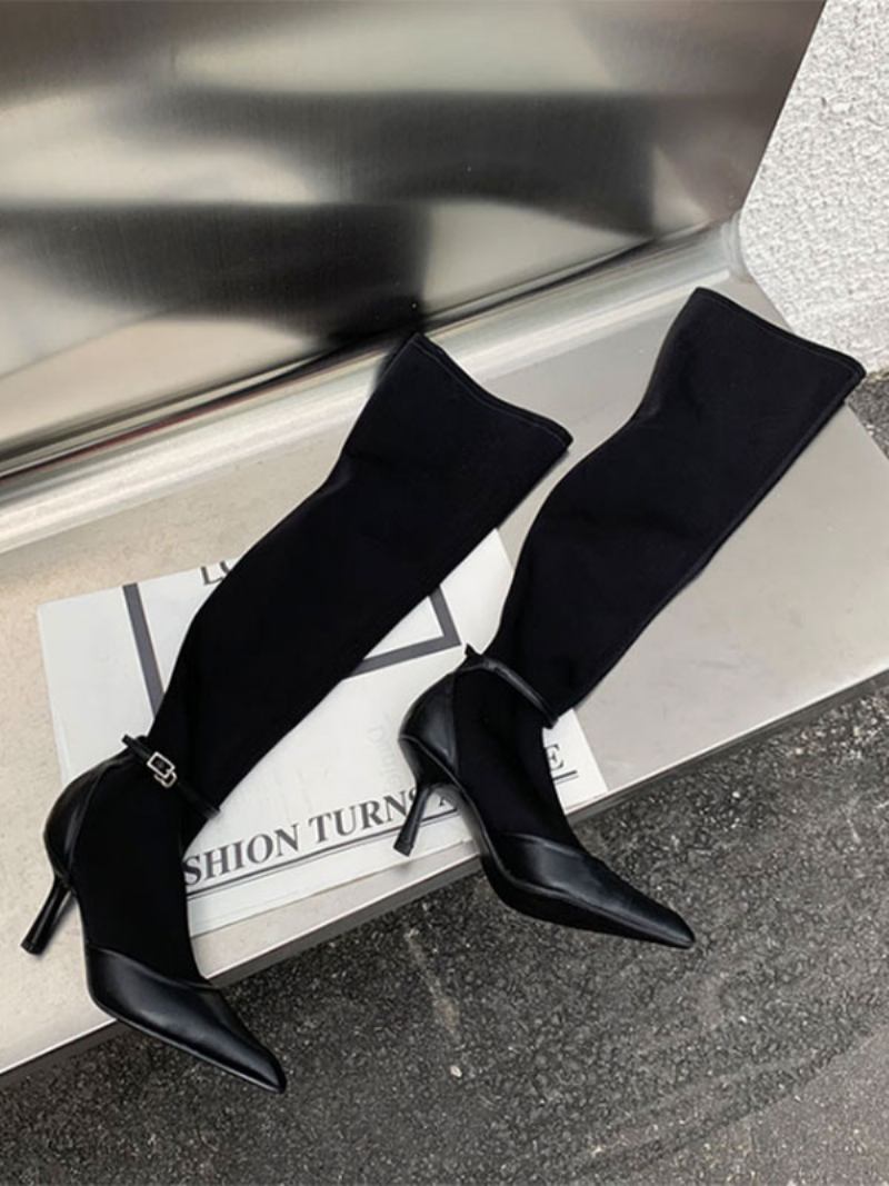 Botas Femininas Altas Com Fivela Bico Fino Salto Agulha Couro Pu - Preto