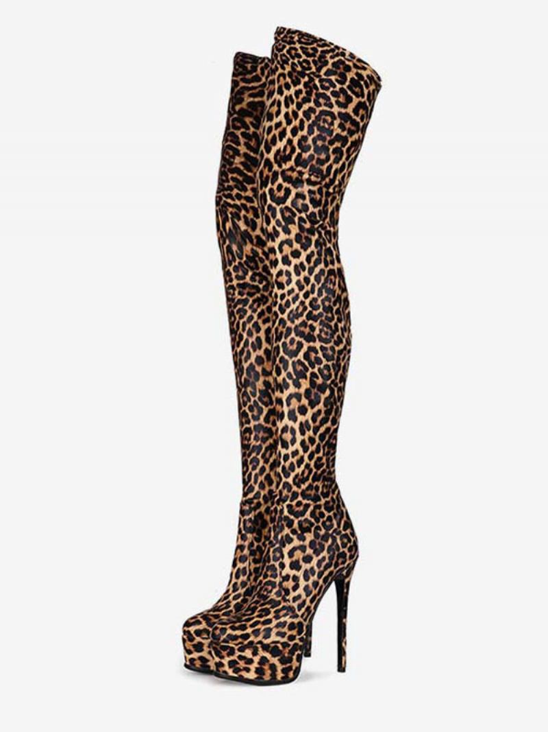 Botas Femininas Altas Na Coxa Bico Redondo Estampa Leopardo Salto Stiletto Plataforma Inverno Para Mulheres