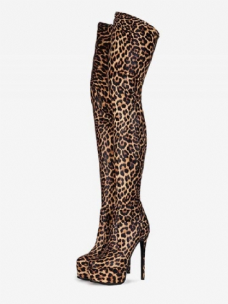 Botas Femininas Altas Na Coxa Bico Redondo Estampa Leopardo Salto Stiletto Plataforma Inverno Para Mulheres