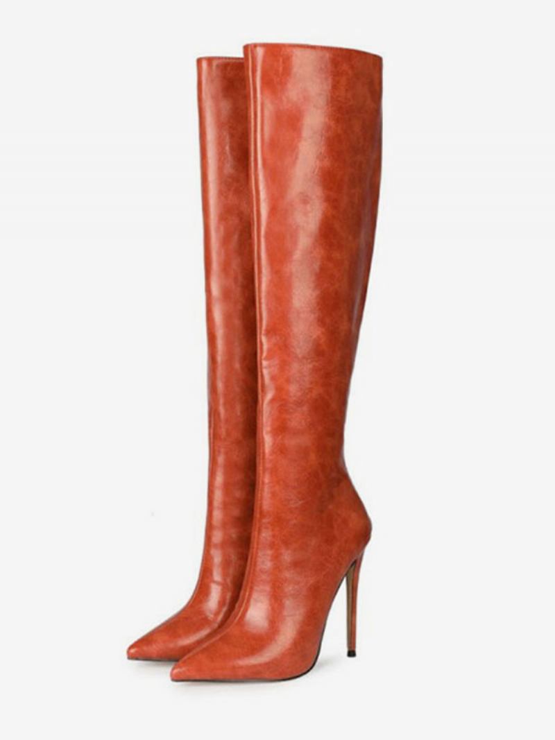 Botas Femininas Até O Joelho Azul Marinho Bico Fino Couro Pu Salto Agulha - Laranja Vermelho