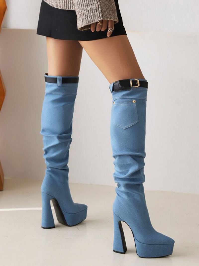 Botas Femininas Até O Joelho Com Plataforma Jeans E Detalhe Fivela Salto Grosso