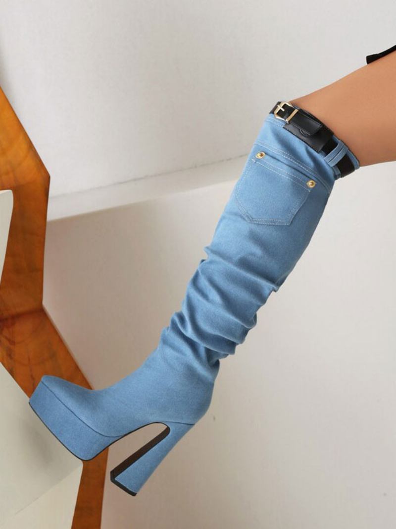 Botas Femininas Até O Joelho Com Plataforma Jeans E Detalhe Fivela Salto Grosso - Azul Céu Claro 