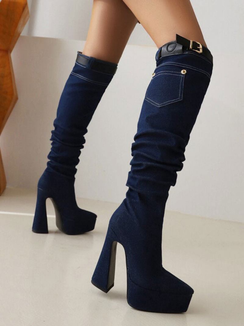 Botas Femininas Até O Joelho Com Plataforma Jeans E Detalhe Fivela Salto Grosso -  Azul Profundo 