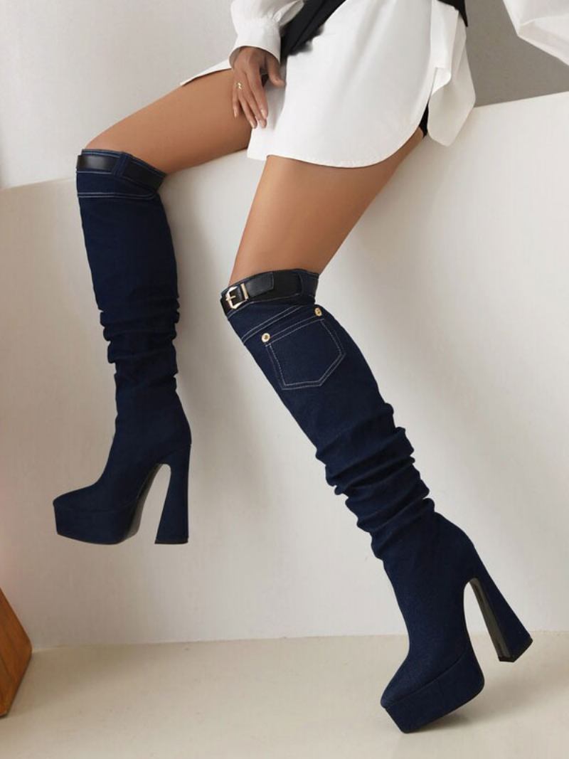 Botas Femininas Até O Joelho Com Plataforma Jeans E Detalhe Fivela Salto Grosso -  Azul Profundo 