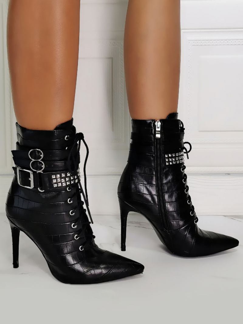 Botas Femininas Bico Fino Com Salto Agulha Couro Pu Cano Alto Preto - Preto