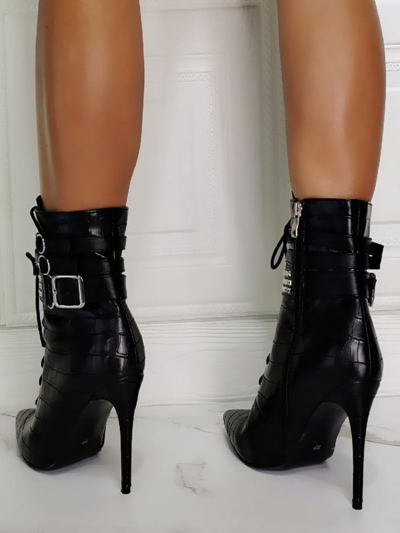 Botas Femininas Bico Fino Com Salto Agulha Couro Pu Cano Alto Preto - Preto