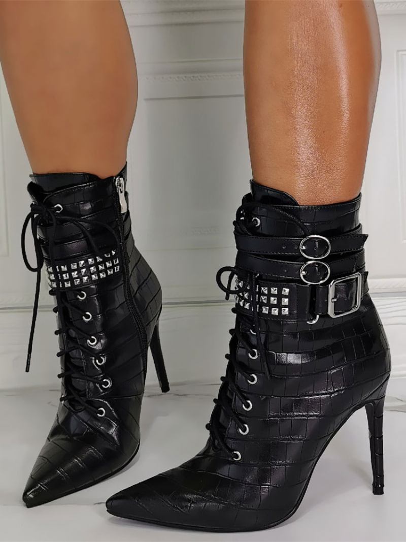 Botas Femininas Bico Fino Com Salto Agulha Couro Pu Cano Alto Preto - Preto