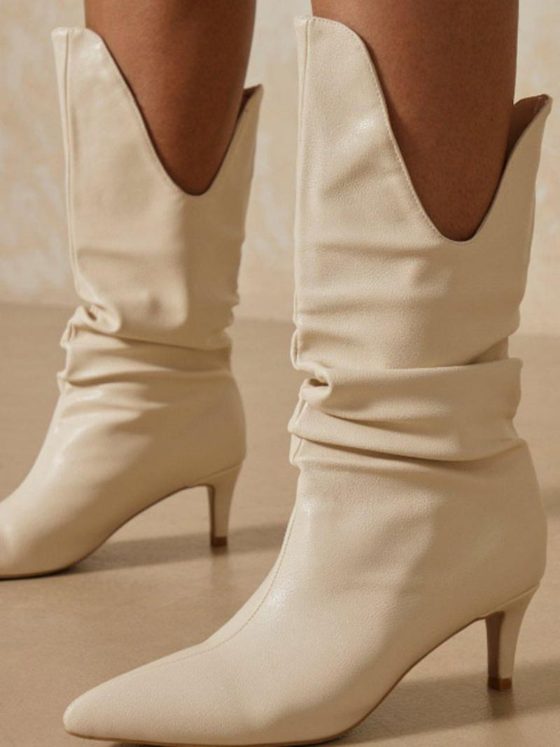 Botas Femininas Bico Fino Salto Agulha Couro Pu Eric Branco Botins