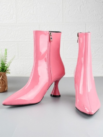 Botas Femininas Bico Fino Salto Em Formato Especial Pu Couro Brilhante Rosa Bota Tornozelo