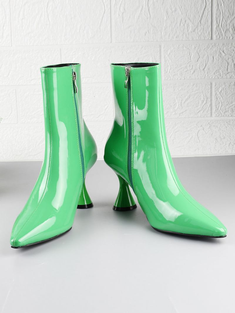 Botas Femininas Bico Fino Salto Em Formato Especial Pu Couro Brilhante Rosa Bota Tornozelo - Verde