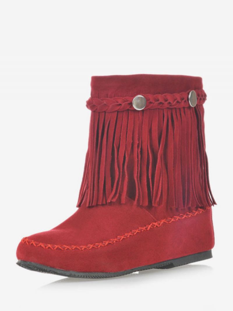 Botas Femininas Boêmias Com Franjas Bico Redondo Curtas Cowgirl Planas - Vermelho