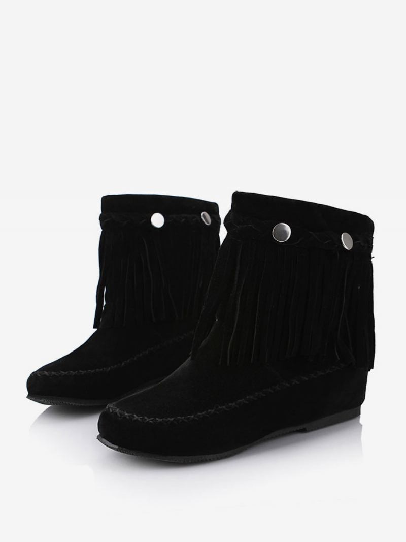 Botas Femininas Boêmias Com Franjas Bico Redondo Curtas Cowgirl Planas - Preto