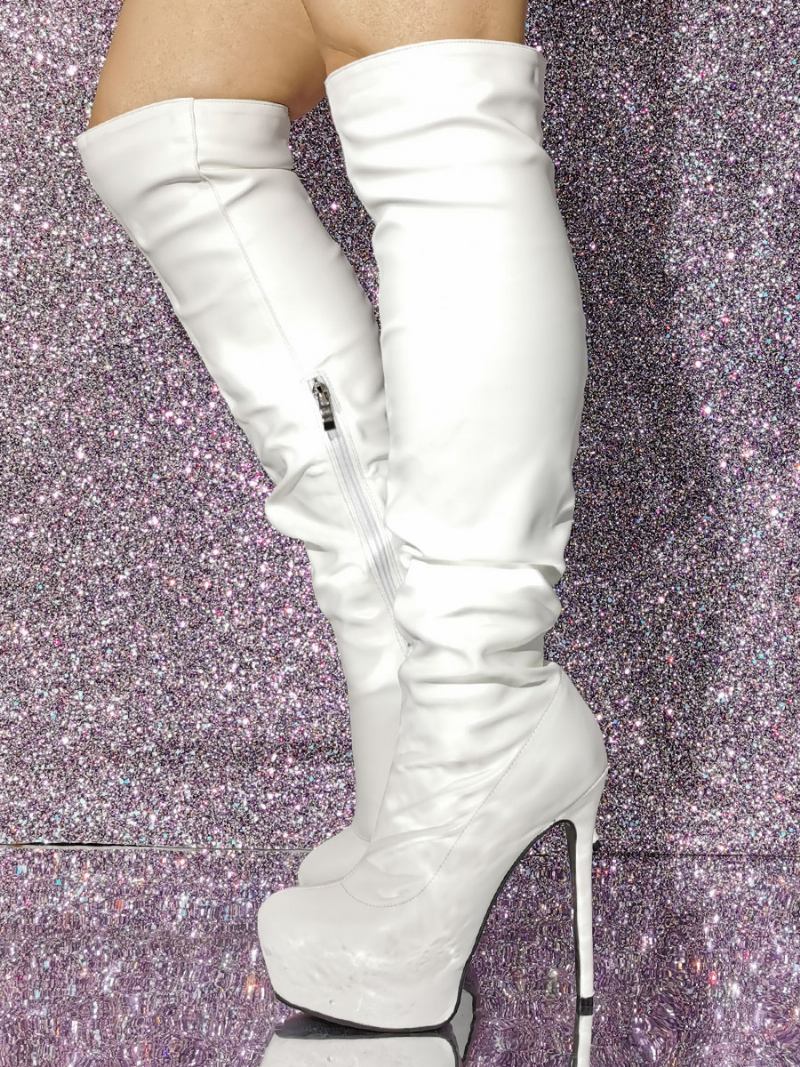 Botas Femininas Brancas Até O Joelho Com Plataforma Salto Alto - Branco