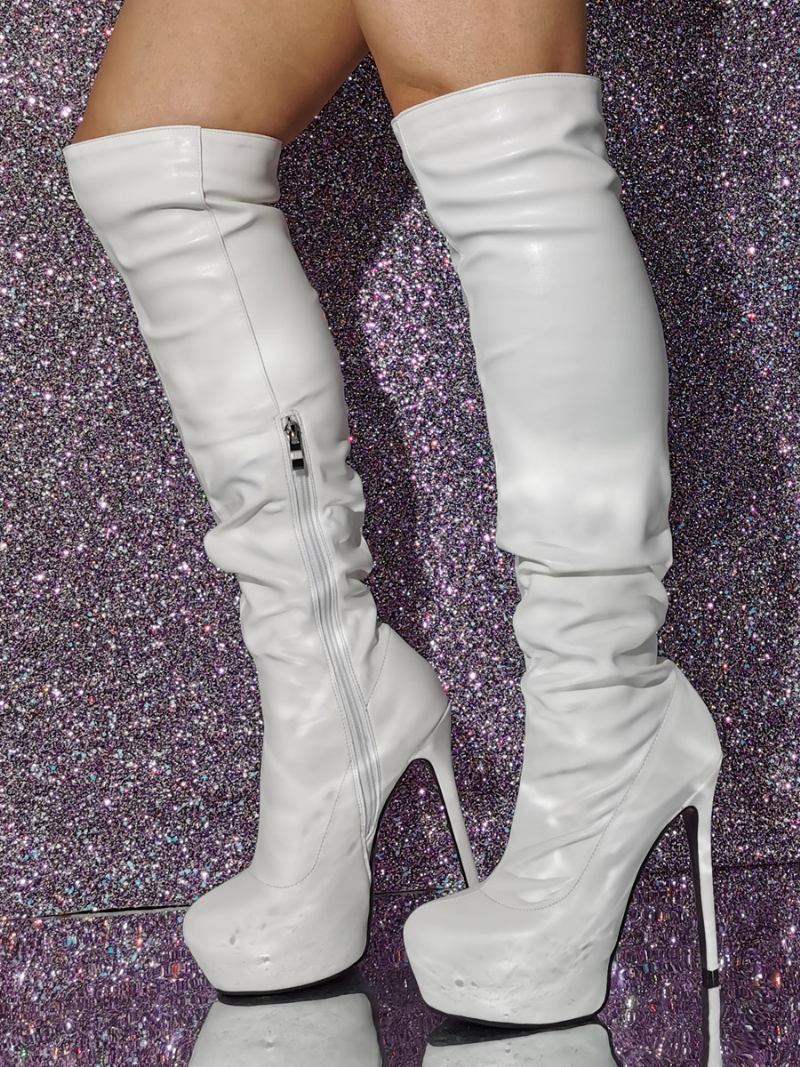 Botas Femininas Brancas Até O Joelho Com Plataforma Salto Alto - Branco