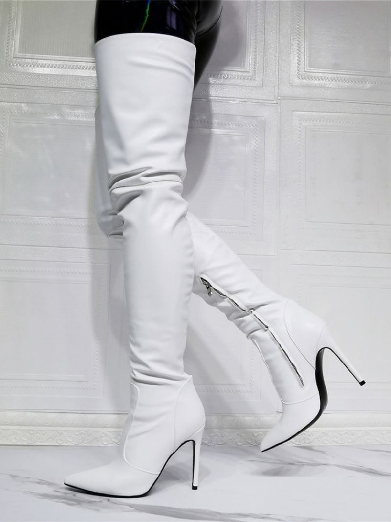 Botas Femininas Brancas Com Salto Agulha Na Coxa - Branco