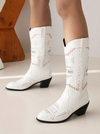 Botas Femininas Brancas Couro Pu Bico Fino Cowboy Panturrilha Média Sapatos Casamento Vaqueira