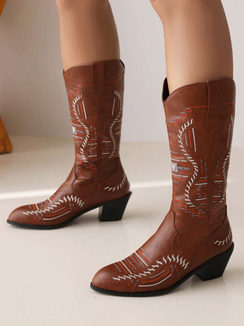 Botas Femininas Brancas Couro Pu Bico Fino Cowboy Panturrilha Média Sapatos Casamento Vaqueira - Marrom Profundo