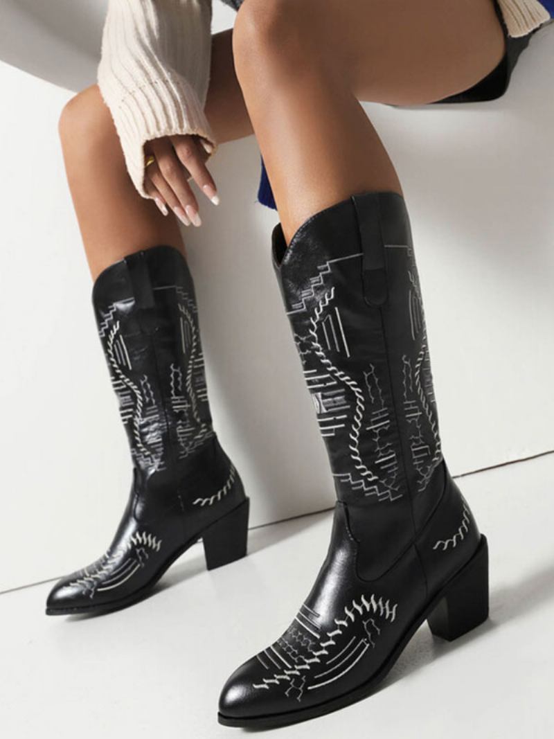 Botas Femininas Brancas Couro Pu Bico Fino Cowboy Panturrilha Média Sapatos Casamento Vaqueira - Preto