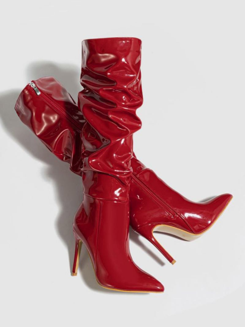 Botas Femininas Brancas Despojadas Bico Fino Salto Agulha Cano Alto - Vermelho