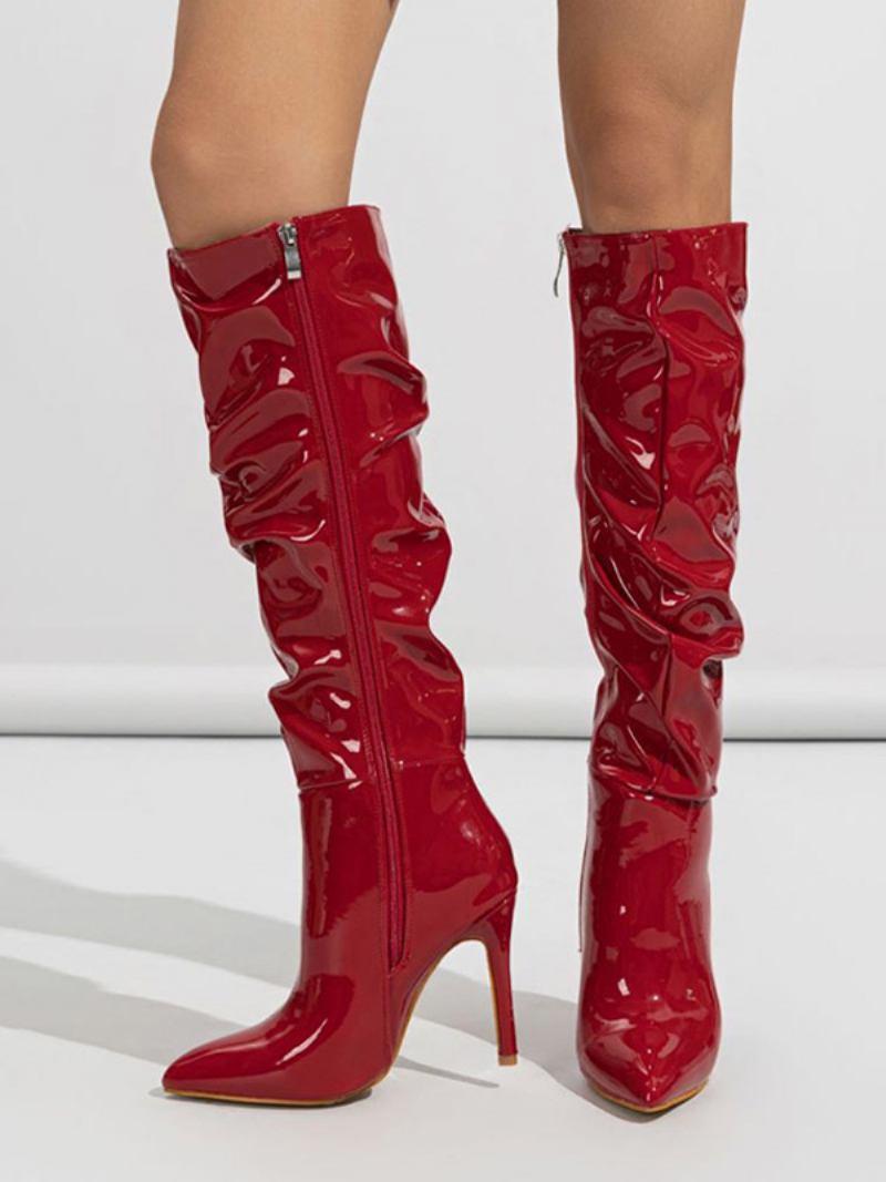 Botas Femininas Brancas Despojadas Bico Fino Salto Agulha Cano Alto - Vermelho