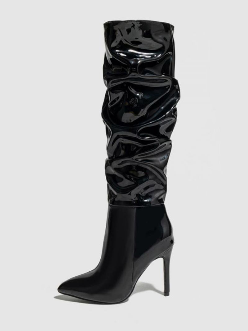 Botas Femininas Brancas Despojadas Bico Fino Salto Agulha Cano Alto - Preto