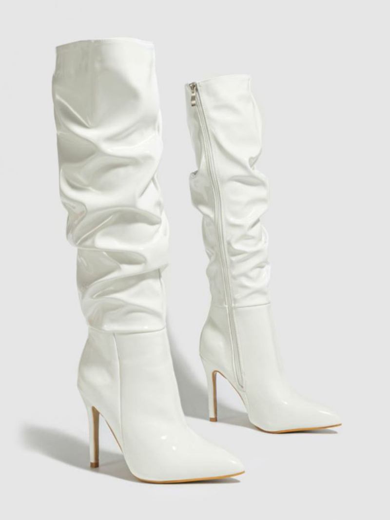 Botas Femininas Brancas Despojadas Bico Fino Salto Agulha Cano Alto - Branco