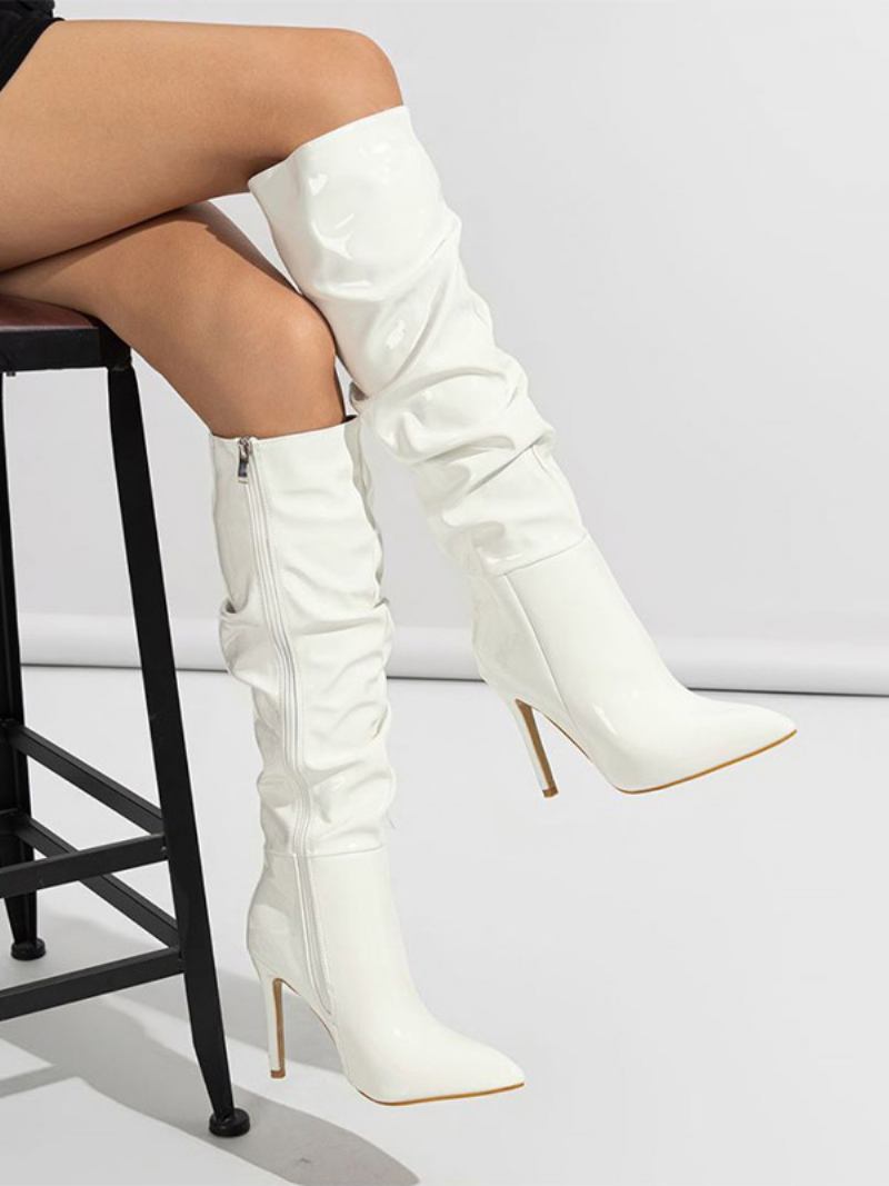 Botas Femininas Brancas Despojadas Bico Fino Salto Agulha Cano Alto - Branco