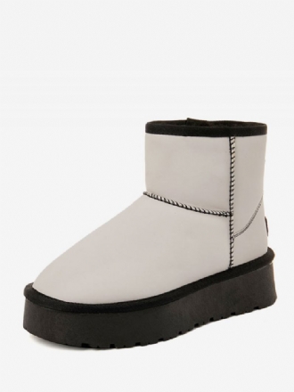 Botas Femininas Brancas Inverno Em Couro Pu Com Bico Redondo E Neve