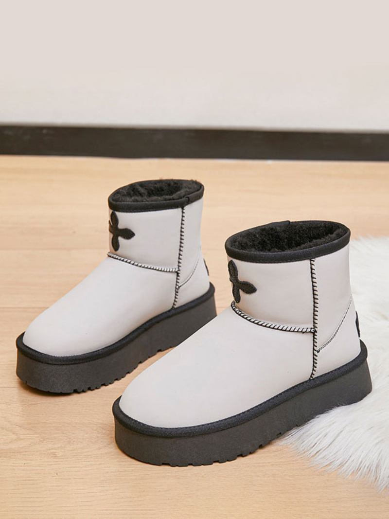 Botas Femininas Brancas Inverno Em Couro Pu Com Bico Redondo E Neve - Branco Frio