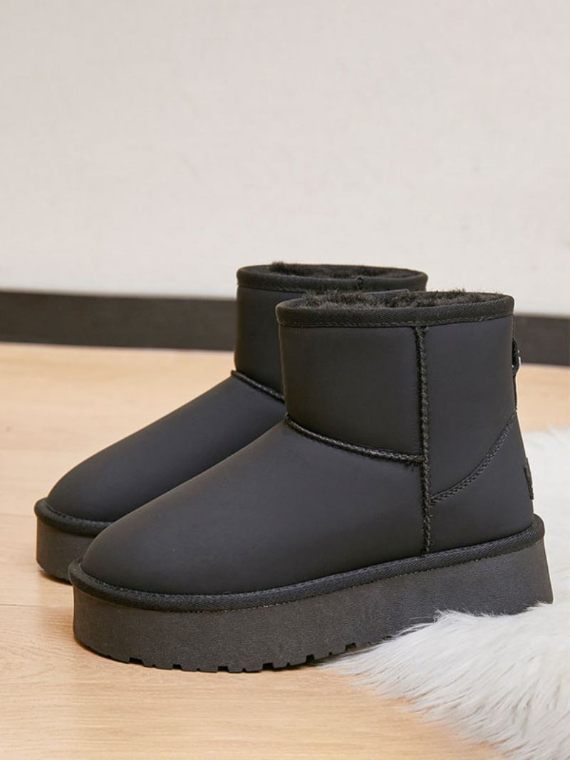 Botas Femininas Brancas Inverno Em Couro Pu Com Bico Redondo E Neve - Preto