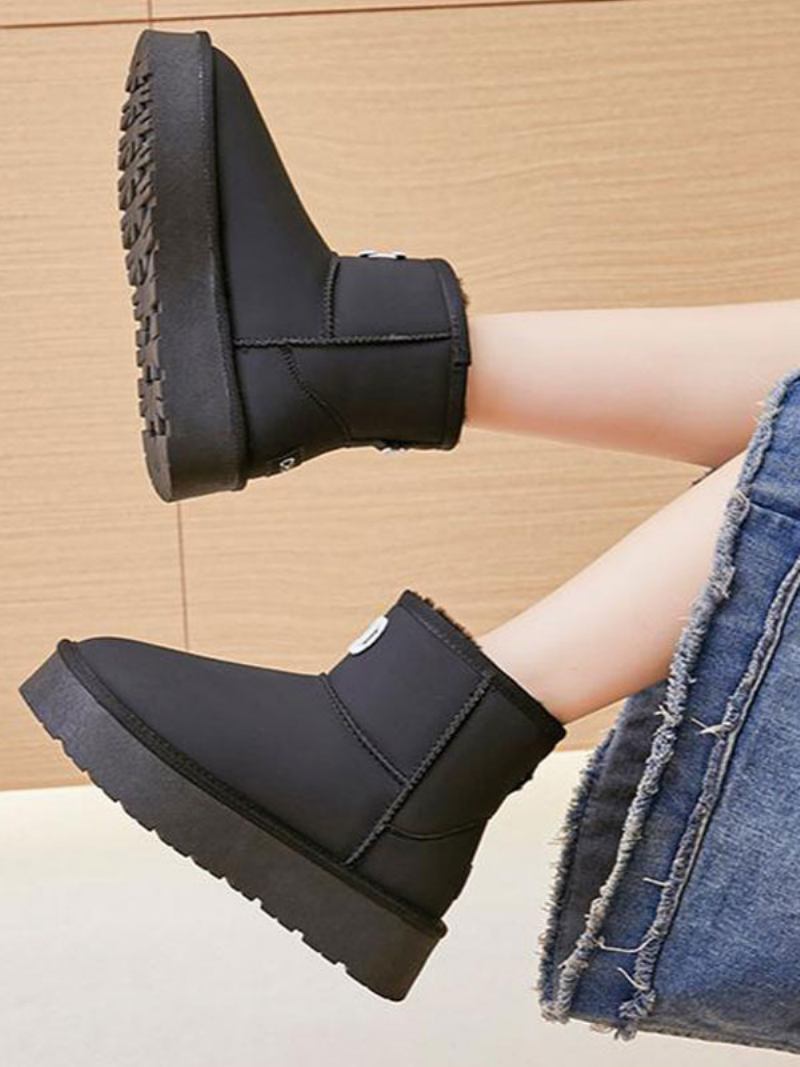 Botas Femininas Brancas Inverno Em Couro Pu Com Bico Redondo E Neve - Preto