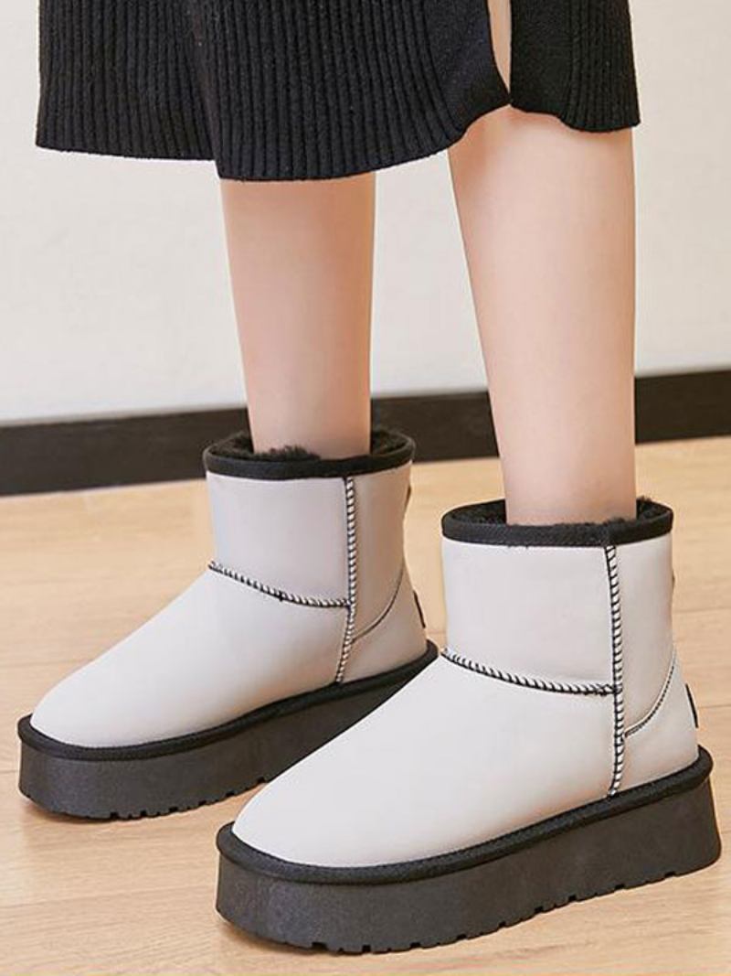 Botas Femininas Brancas Inverno Em Couro Pu Com Bico Redondo E Neve - Branco