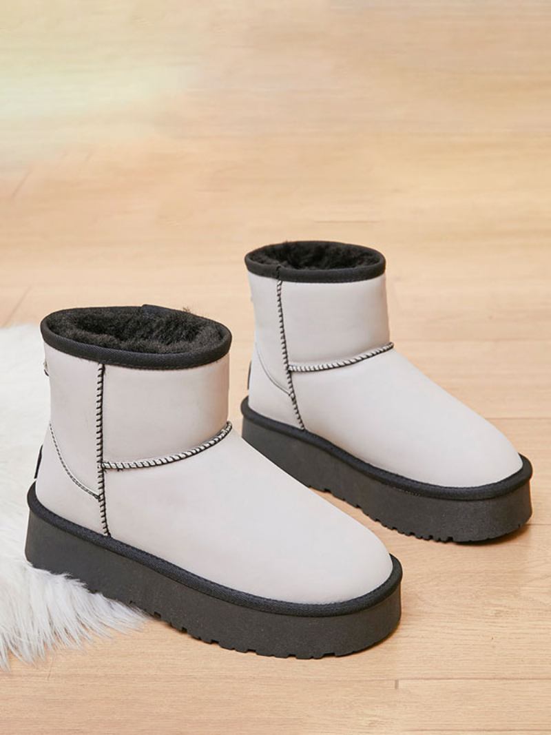 Botas Femininas Brancas Inverno Em Couro Pu Com Bico Redondo E Neve - Branco