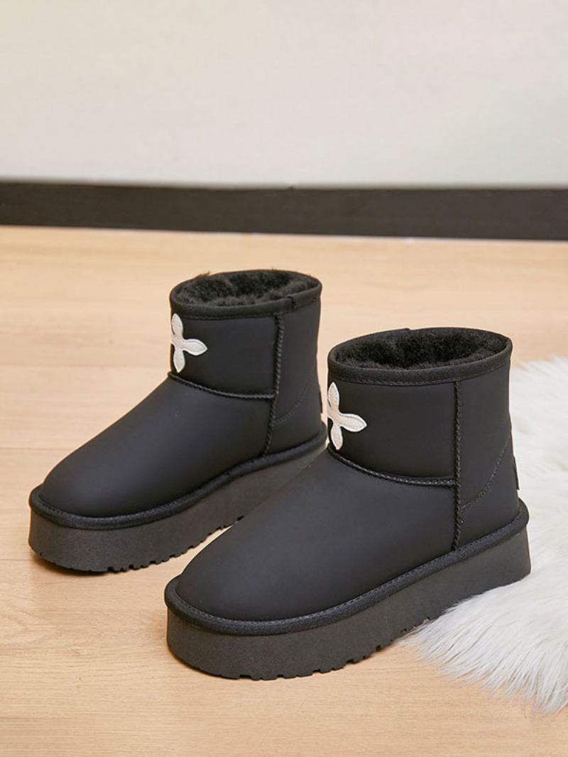 Botas Femininas Brancas Inverno Em Couro Pu Com Bico Redondo E Neve - Preto Pu