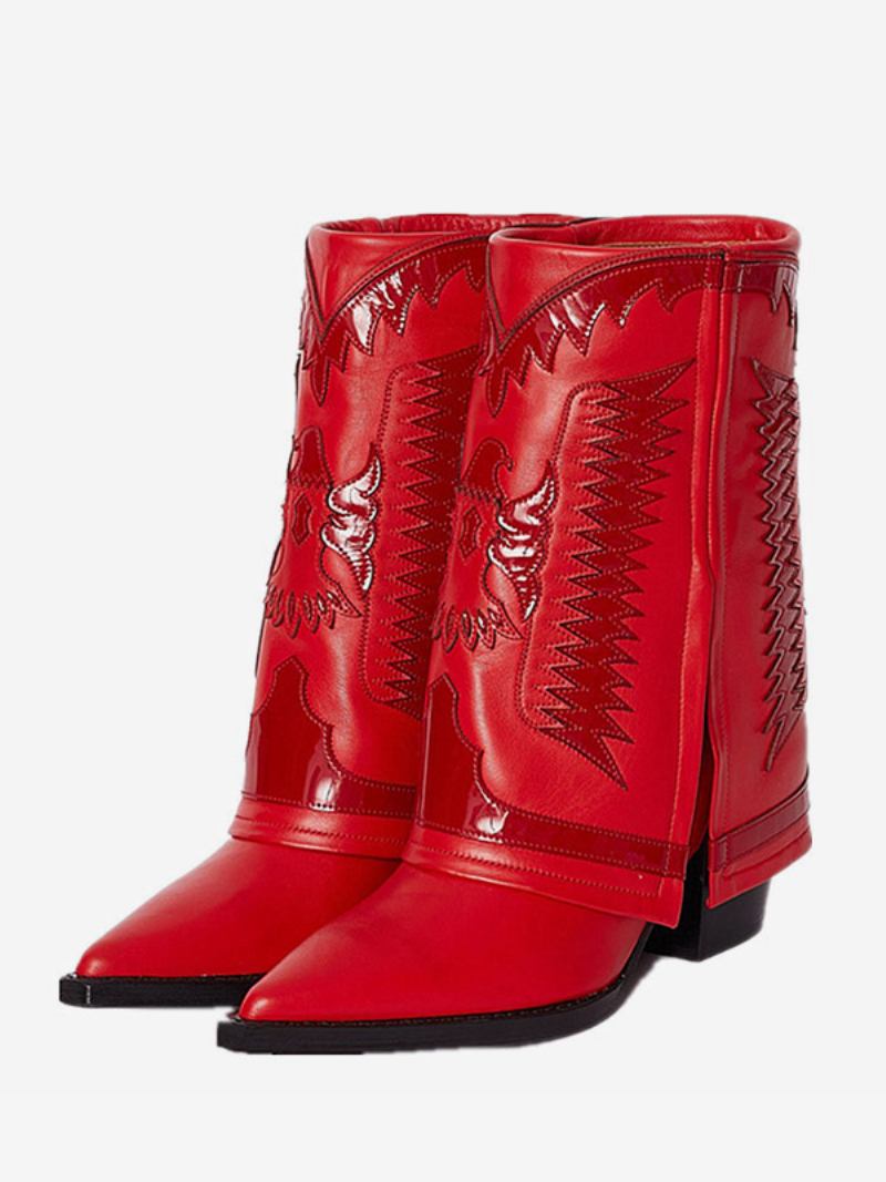 Botas Femininas Brancas Ocidentais Bico Fino Bordado Dedo Pontiagudo Flod Sobre Salto Cunha Panturrilha Média - Vermelho