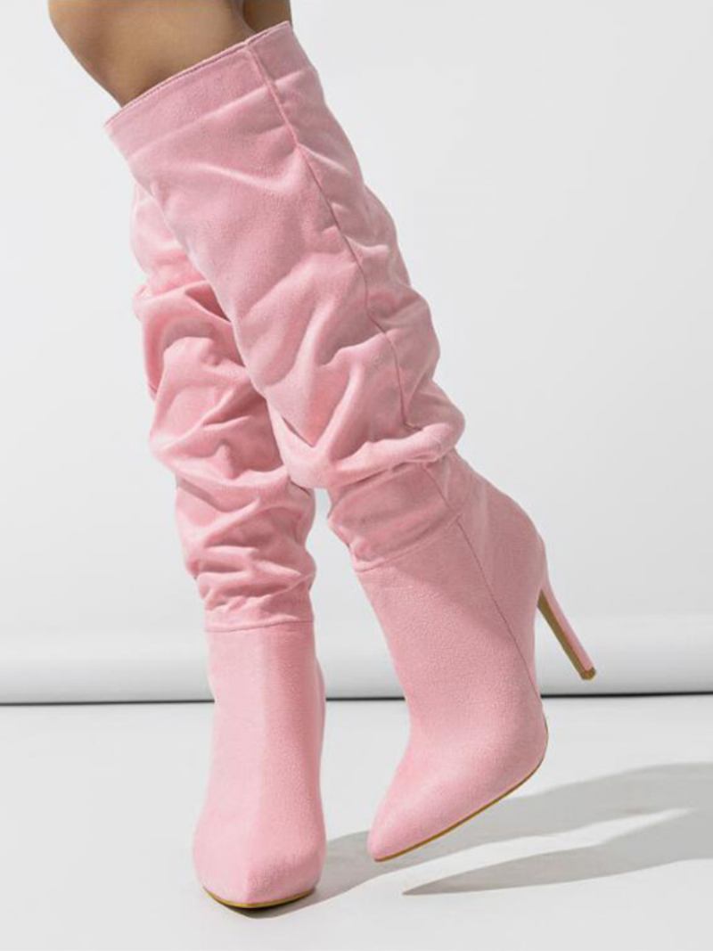 Botas Femininas Camurça Até O Joelho Com Bico Fino Rosa E Salto Agulha - Rosa