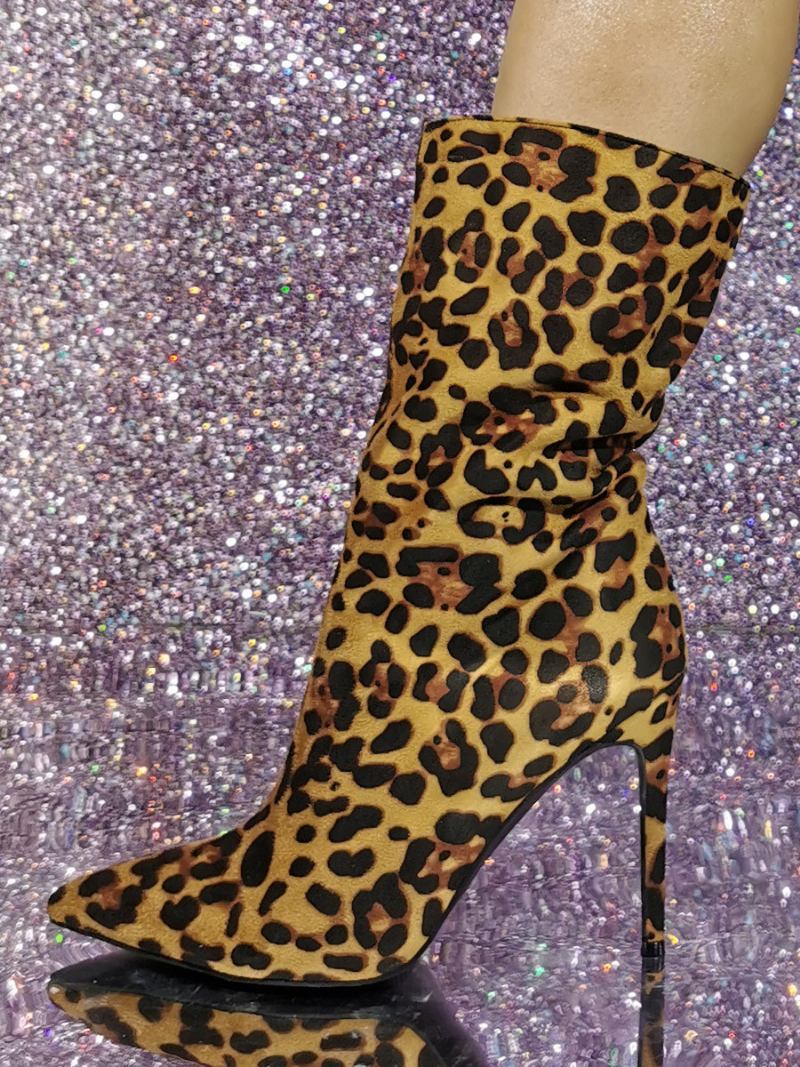 Botas Femininas Camurça Até O Tornozelo Com Bico Fino E Estampa Leopardo Salto Alto - Leopardo