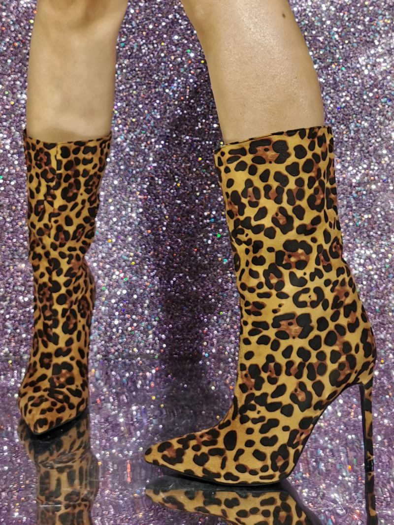 Botas Femininas Camurça Até O Tornozelo Com Bico Fino E Estampa Leopardo Salto Alto - Leopardo